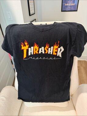 VINTAGE 90s Thrasher Black Tee with Red-Orange Flame Logo